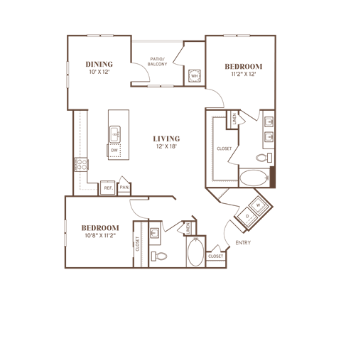 Floor plan for 2 beds, 2 baths, 1235 sqft